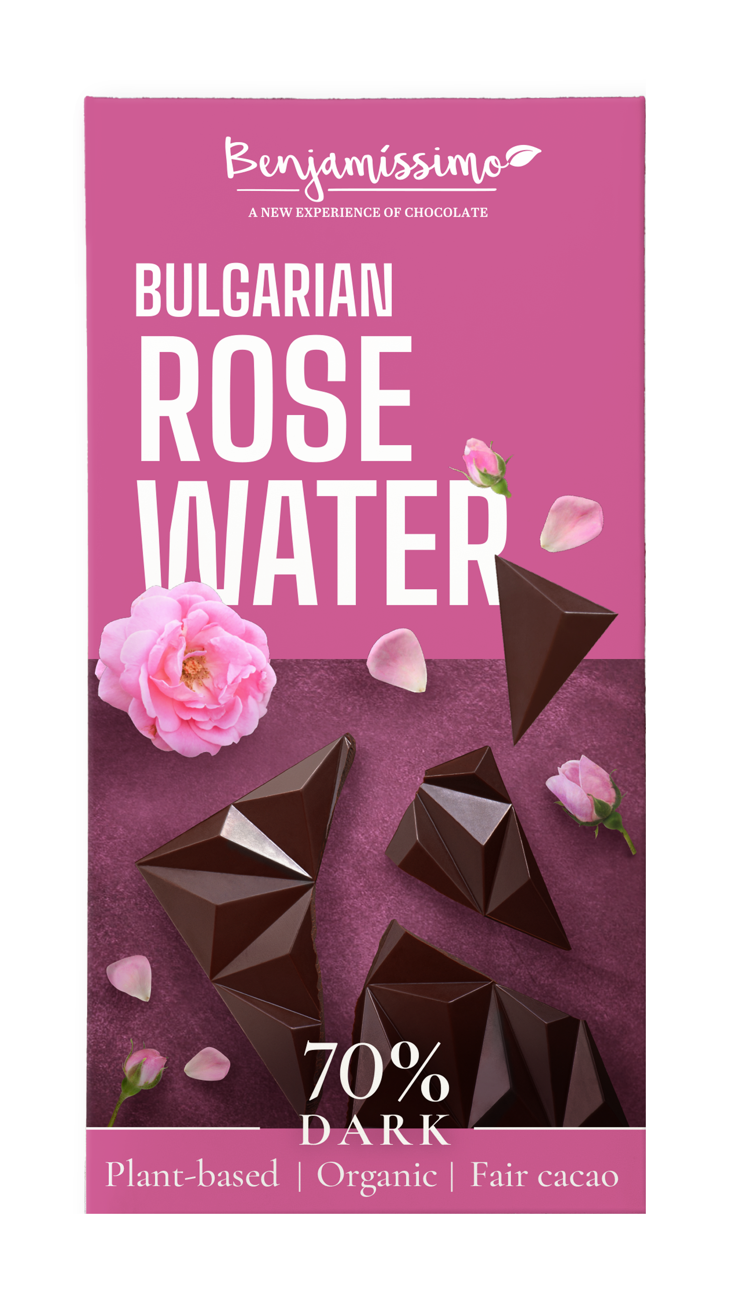 Ciocolata neagra 70% cu apa de trandafir bio 60g Benjamissimo