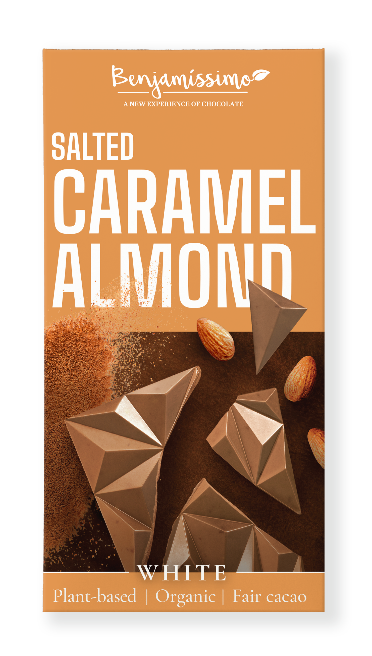 Ciocolata alba cu migdale si caramel sarat bio 60g Benjamissimo