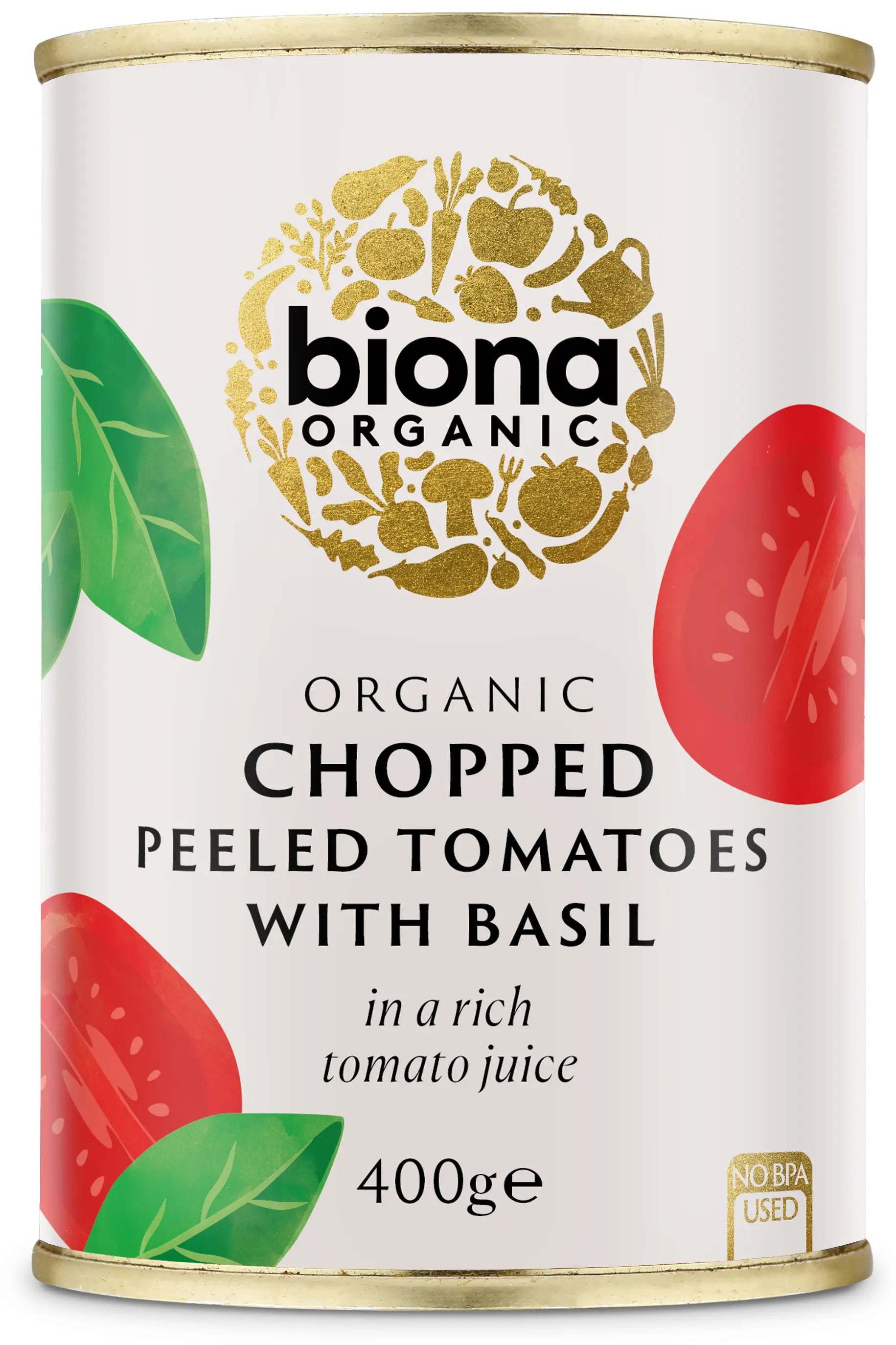 Rosii decojite maruntite cu busuioc la conserva bio 400g Biona