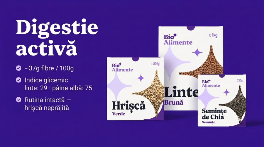 Semințe de chia · Hrișcă verde · Linte brună și galbenă